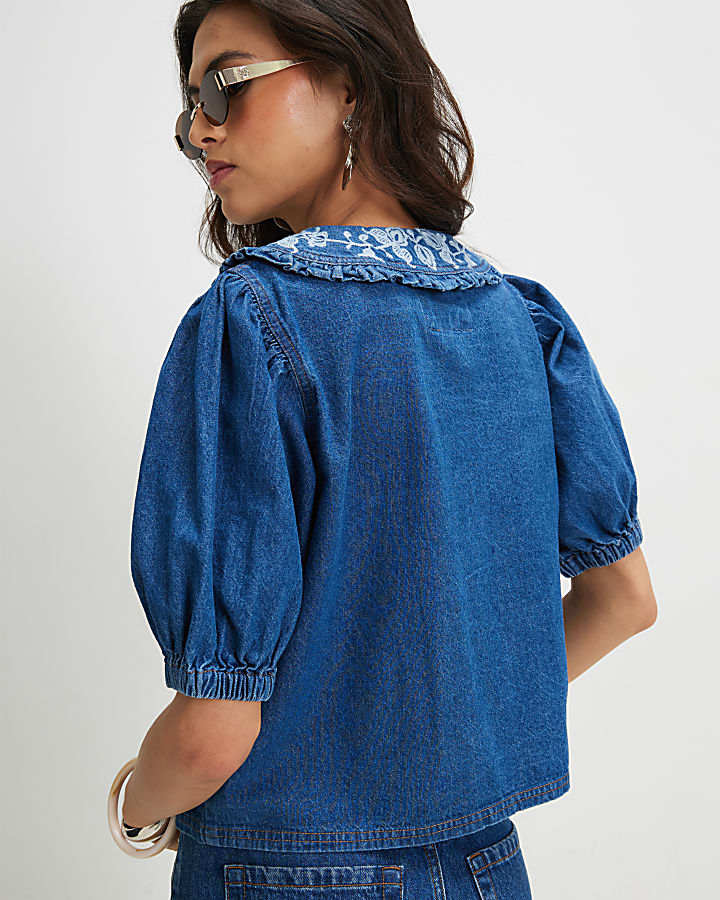 Blue Denim Puff Sleeve Embroidered Shirt