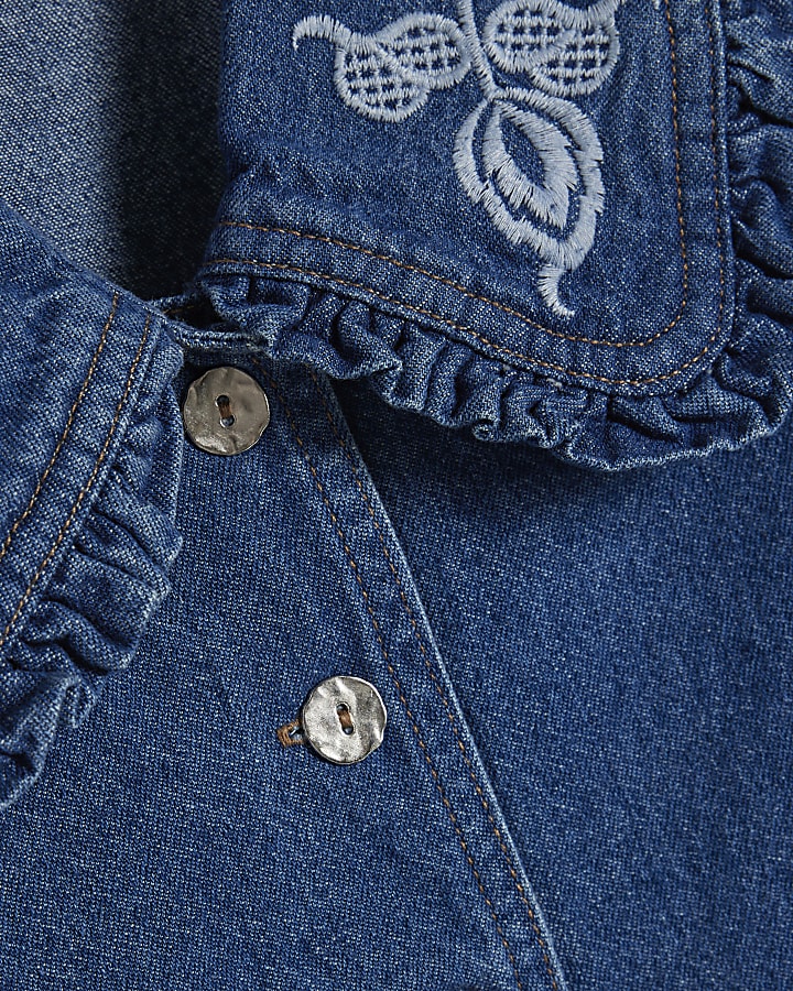 Blue Denim Puff Sleeve Embroidered Shirt