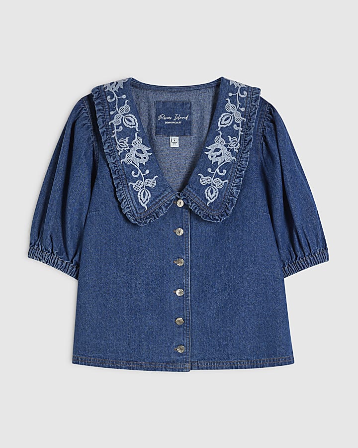 Blue Denim Puff Sleeve Embroidered Shirt