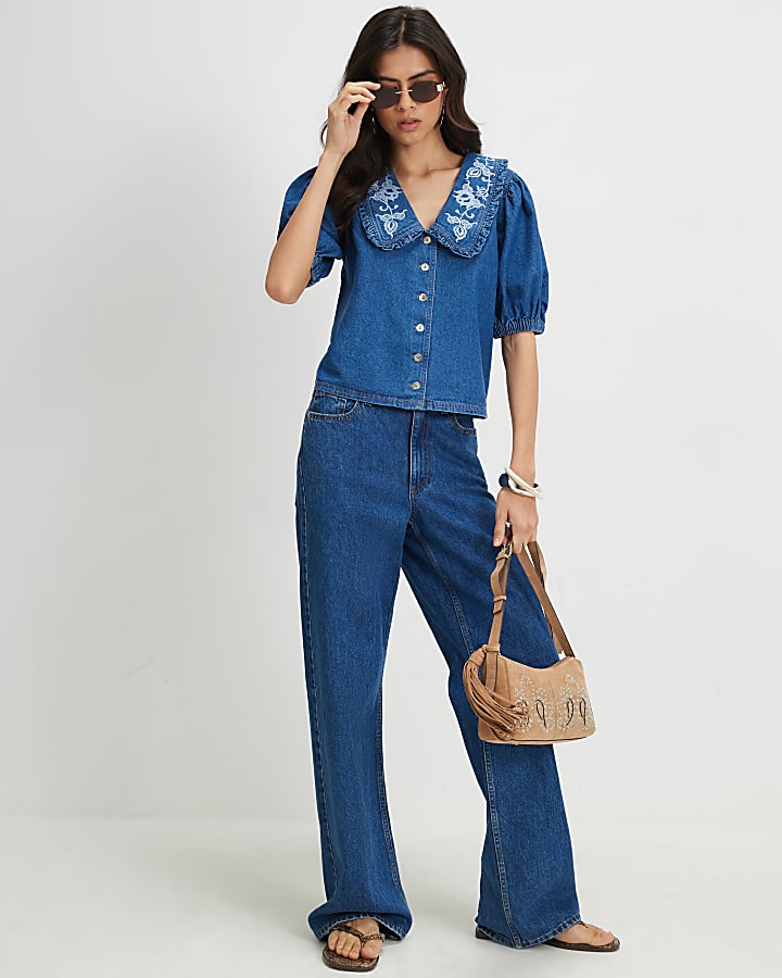 Blue Denim Puff Sleeve Embroidered Shirt