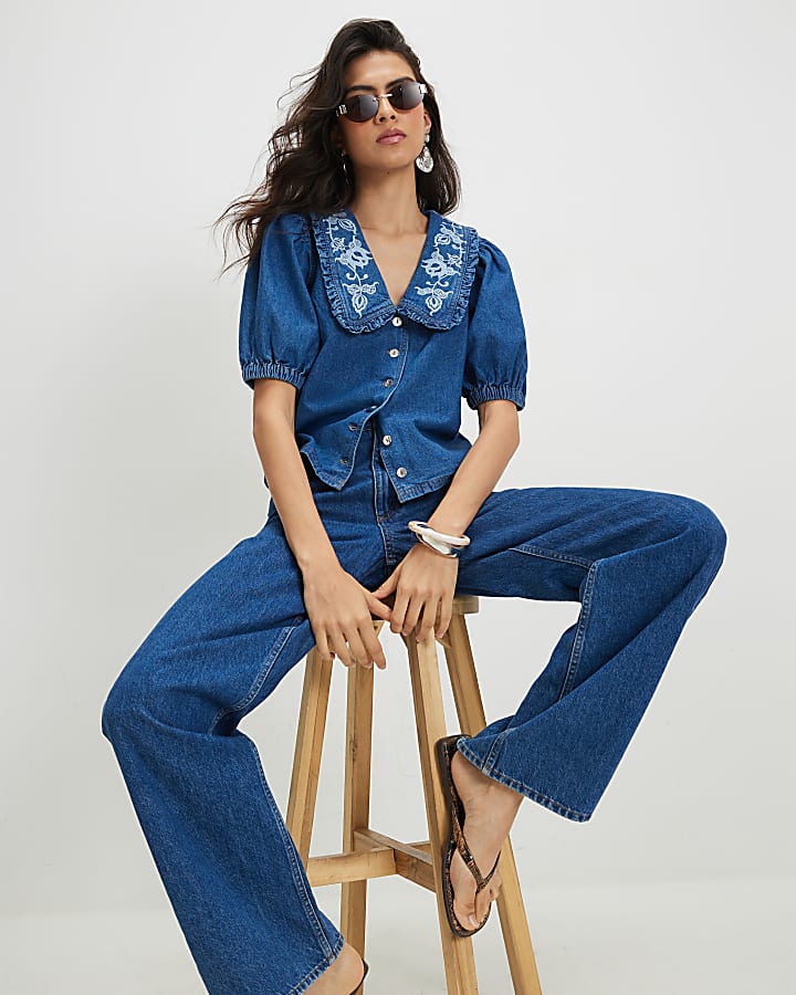 Blue Denim Puff Sleeve Embroidered Shirt