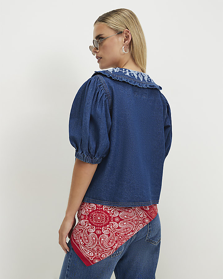 Petite Blue Embroidered Denim Shirt