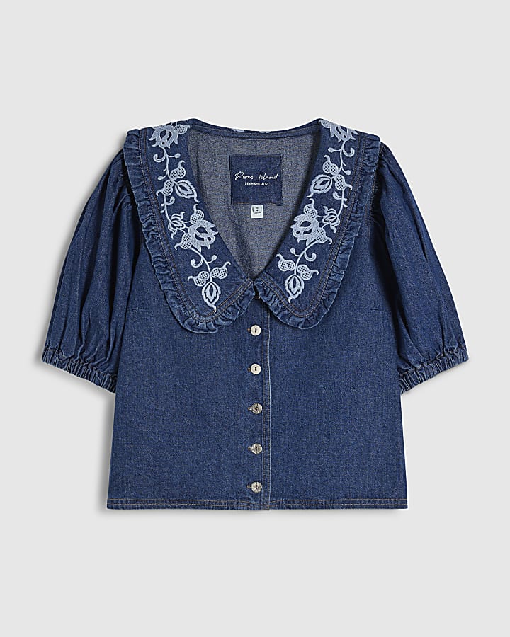 Petite Blue Embroidered Denim Shirt