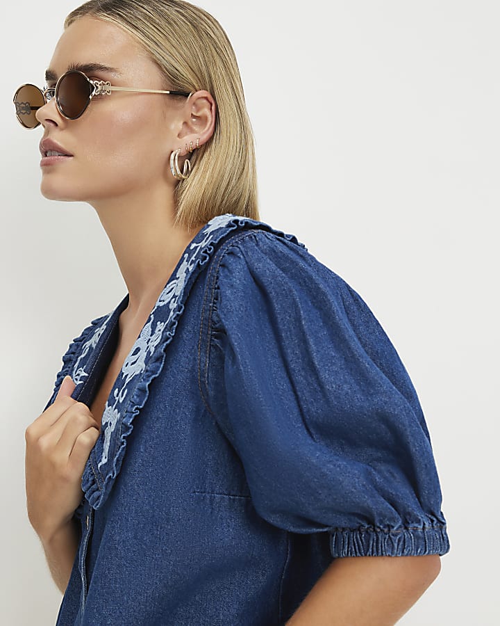 Petite Blue Embroidered Denim Shirt