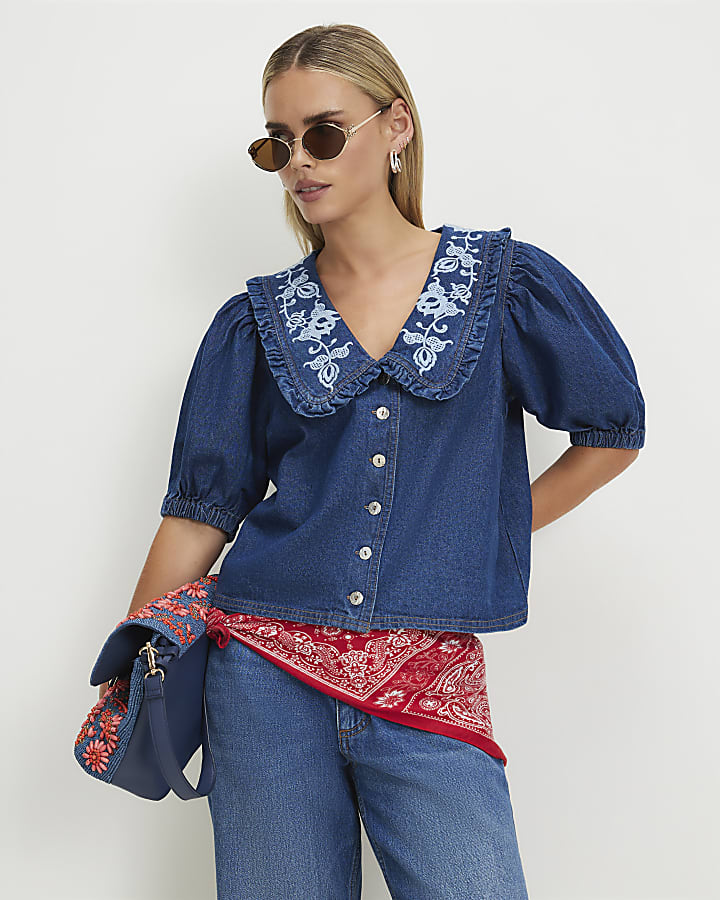 Petite Blue Embroidered Denim Shirt