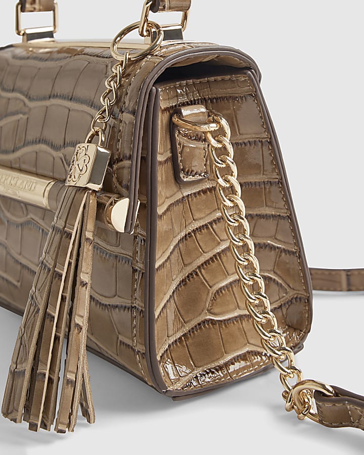 Beige Mini Croc Print Cross Body Bag