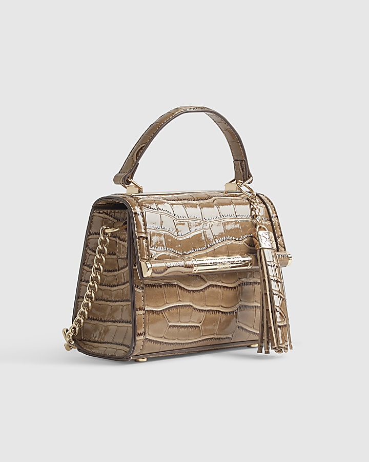 Beige Mini Croc Print Cross Body Bag