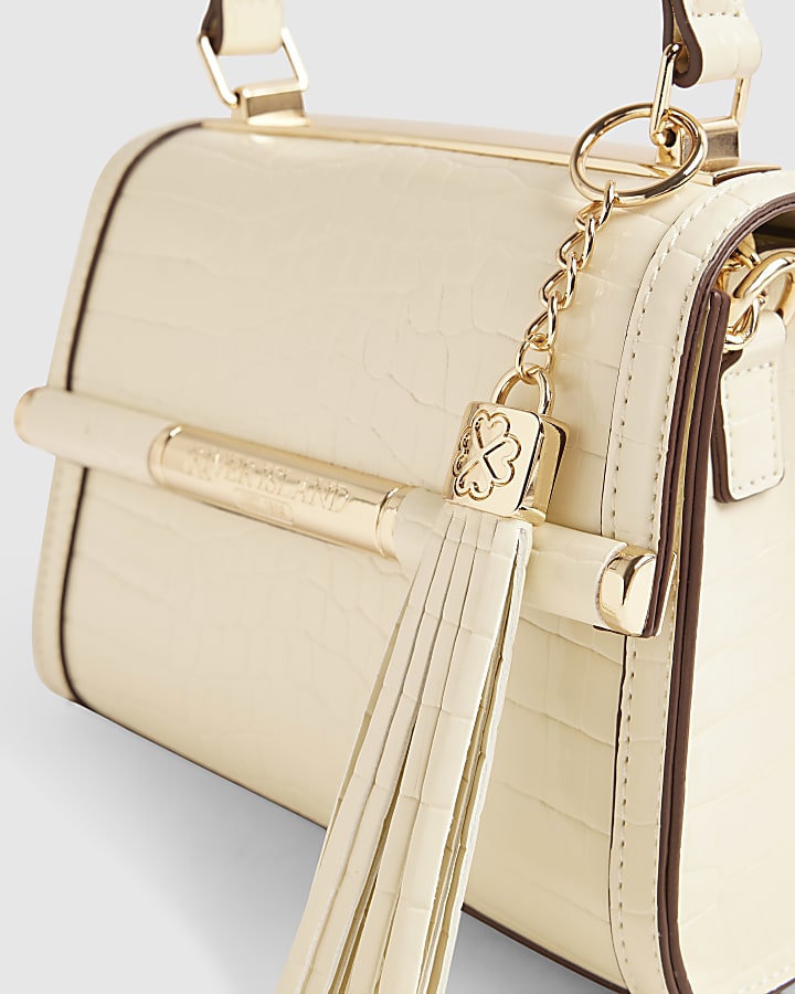 Cream Mini Croc Print Cross Body Bag