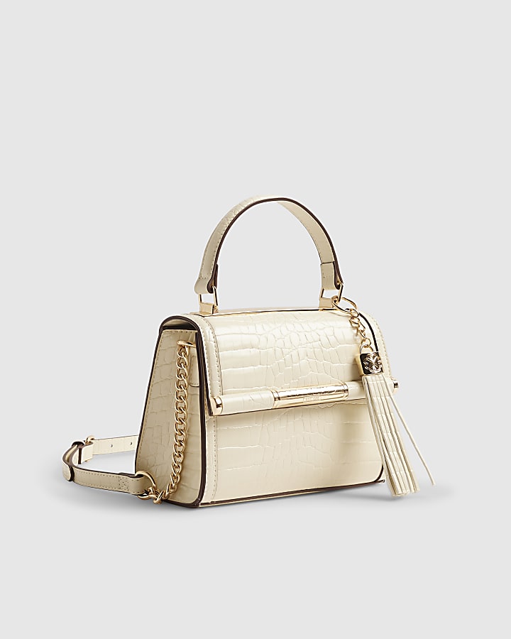 Cream Mini Croc Print Cross Body Bag