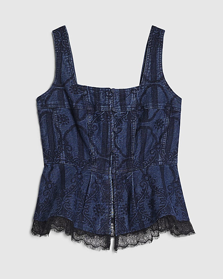 Blue Denim Embroidered Peplum Top