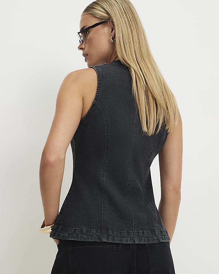 Petite Black Denim Stretch Waistcoat