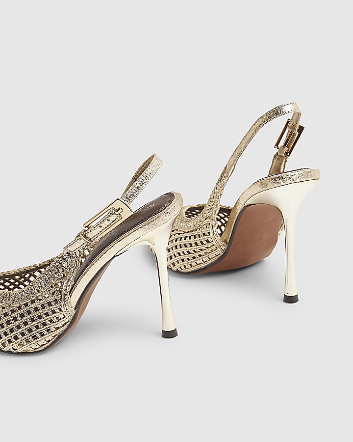 Gold Woven Stiletto Heel Sling Back Court