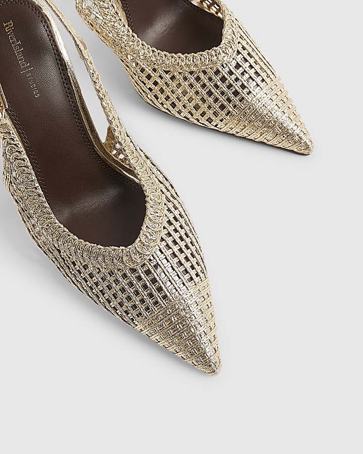 Gold Woven Stiletto Heel Sling Back Court