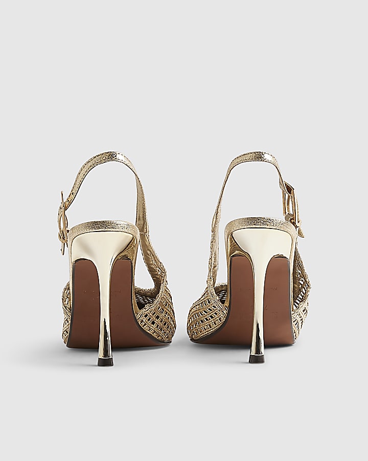 Gold Woven Stiletto Heel Sling Back Court