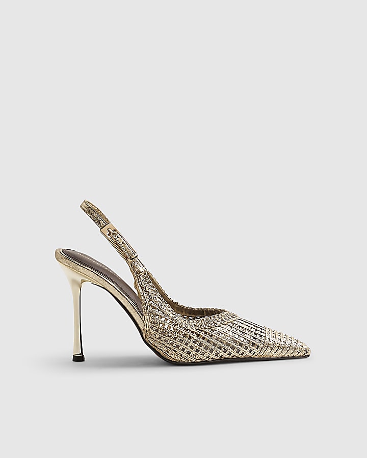 Gold Woven Stiletto Heel Sling Back Court