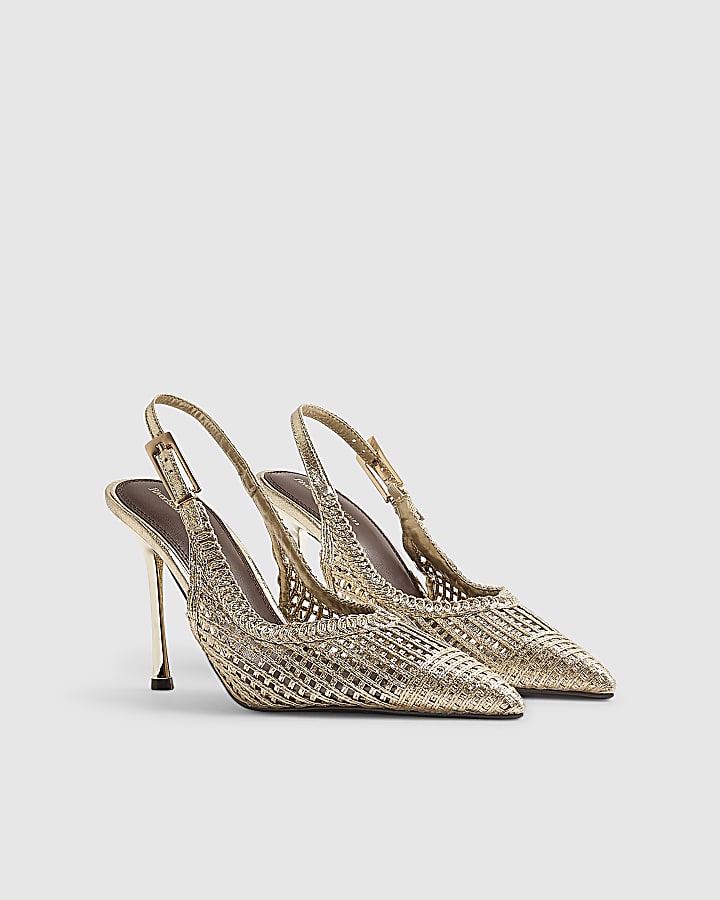 Gold Woven Stiletto Heel Sling Back Court