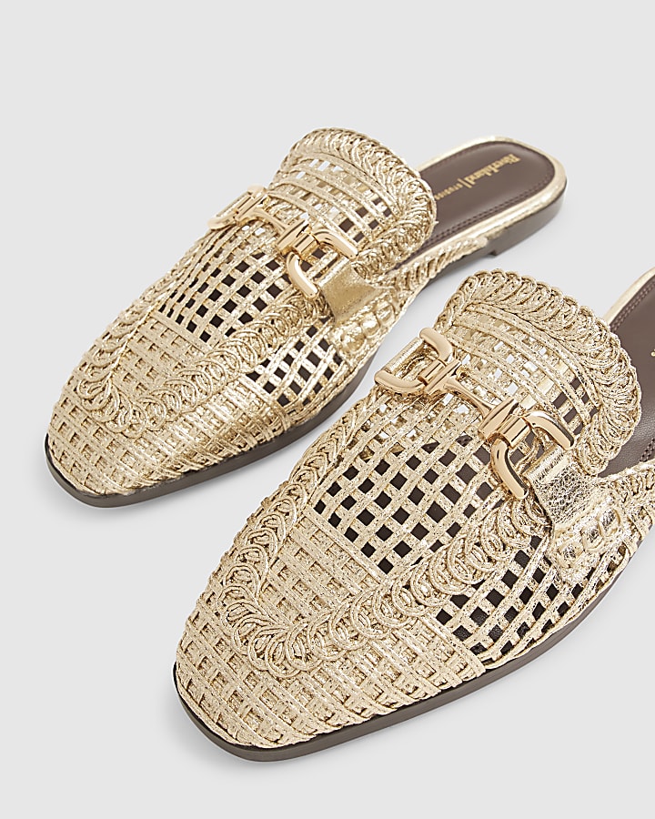 Gold Woven Backless Loafers
