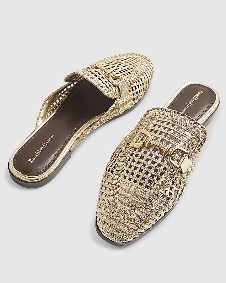 Gold Woven Backless Loafers