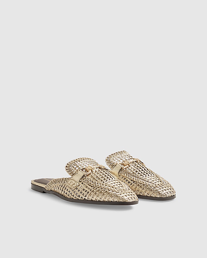 Gold Woven Backless Loafers