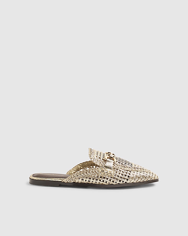 Gold Woven Backless Loafers