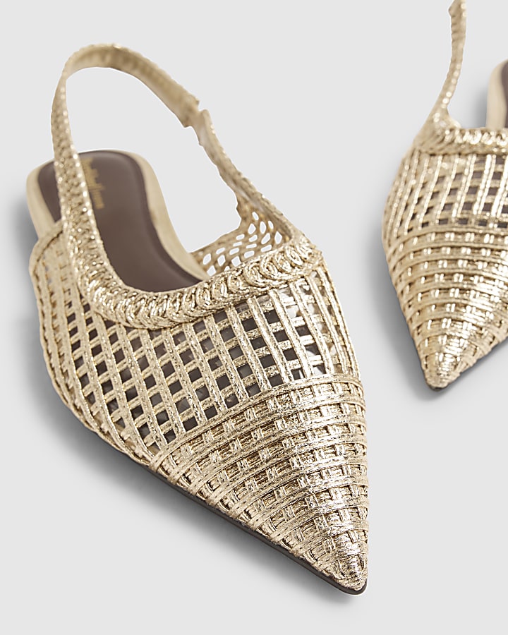 Gold Woven Slingback Flat Shoes