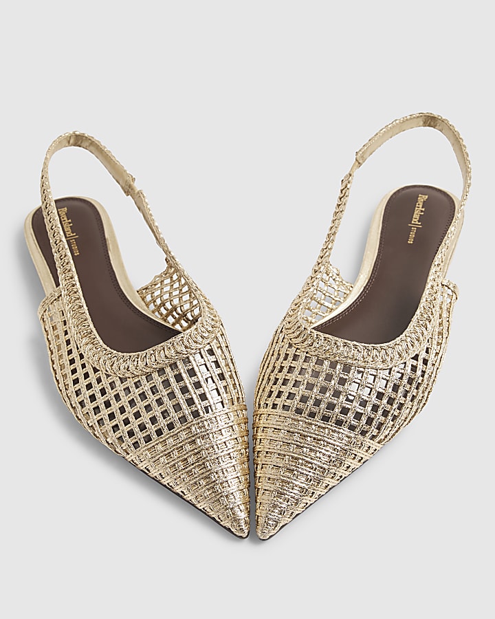 Gold Woven Slingback Flat Shoes