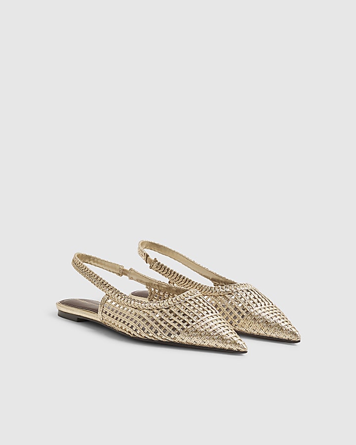 Gold Woven Slingback Flat Shoes