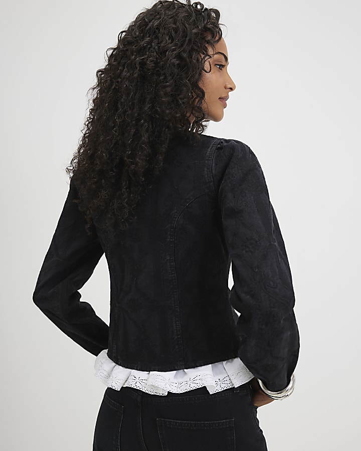 Black Denim Embroidered Drummer Jacket