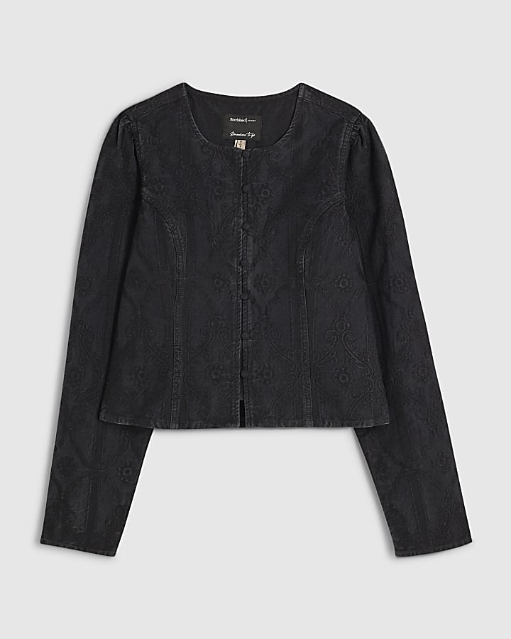 Black Denim Embroidered Drummer Jacket
