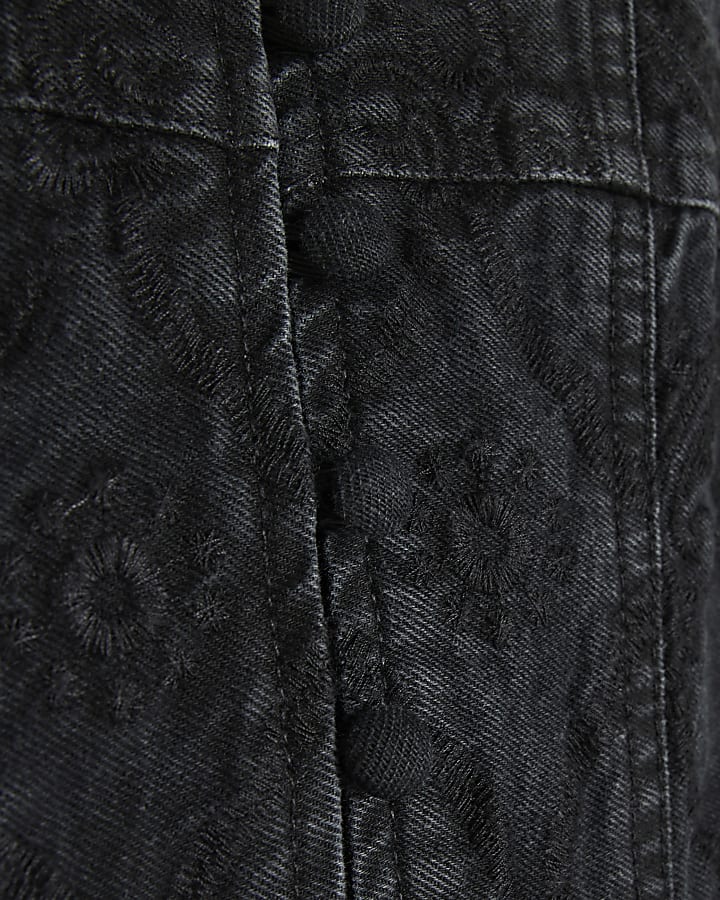 Black Denim Embroidered Swing Dress