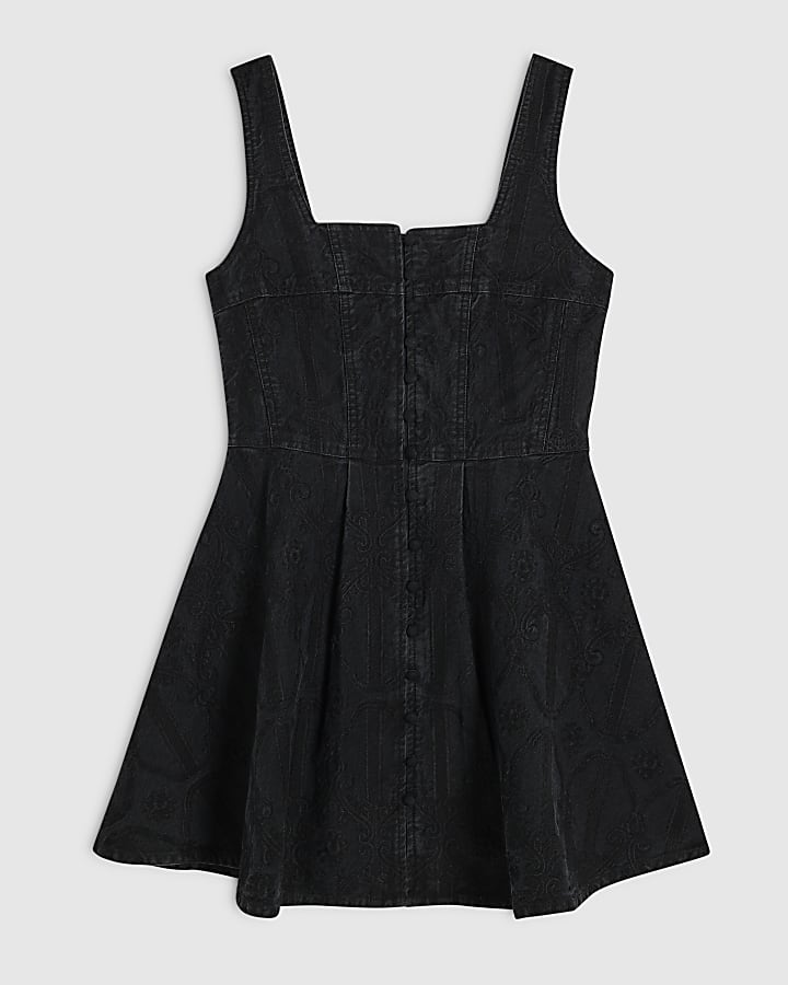 Black Denim Embroidered Swing Dress