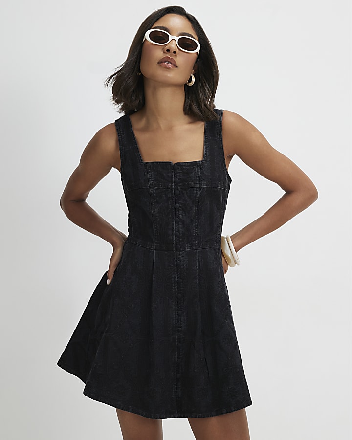 Black Denim Embroidered Swing Dress