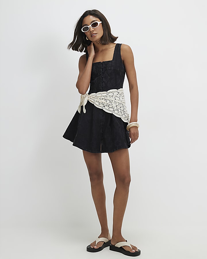 Black Denim Embroidered Swing Dress