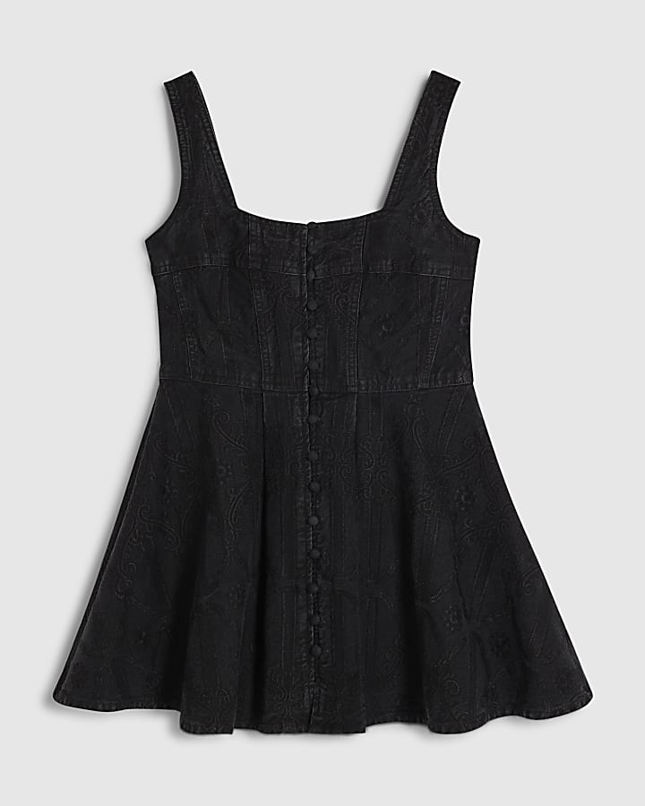 Petite Black Denim Embroidered Swing Dress