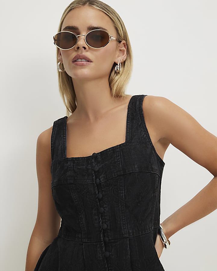 Petite Black Denim Embroidered Swing Dress