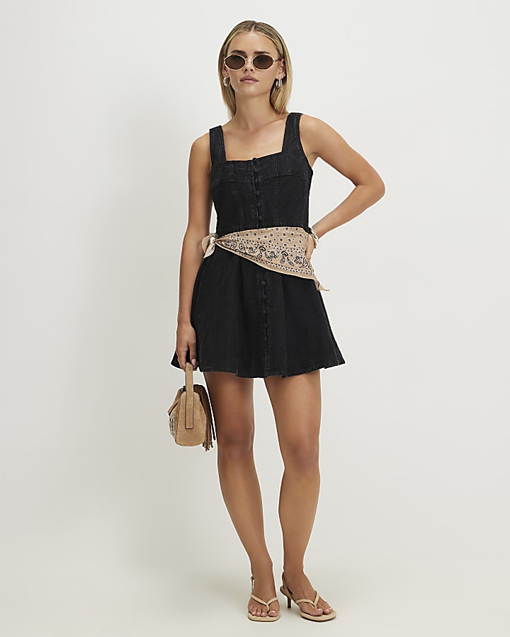Petite Black Denim Embroidered Swing Dress