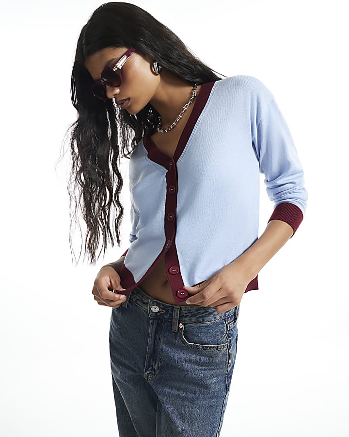 Blue V-neck Long Sleeve Cardigan
