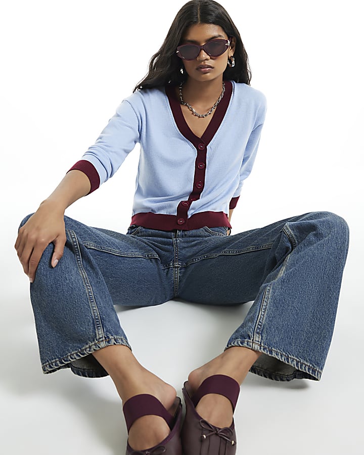 Blue V-neck Long Sleeve Cardigan