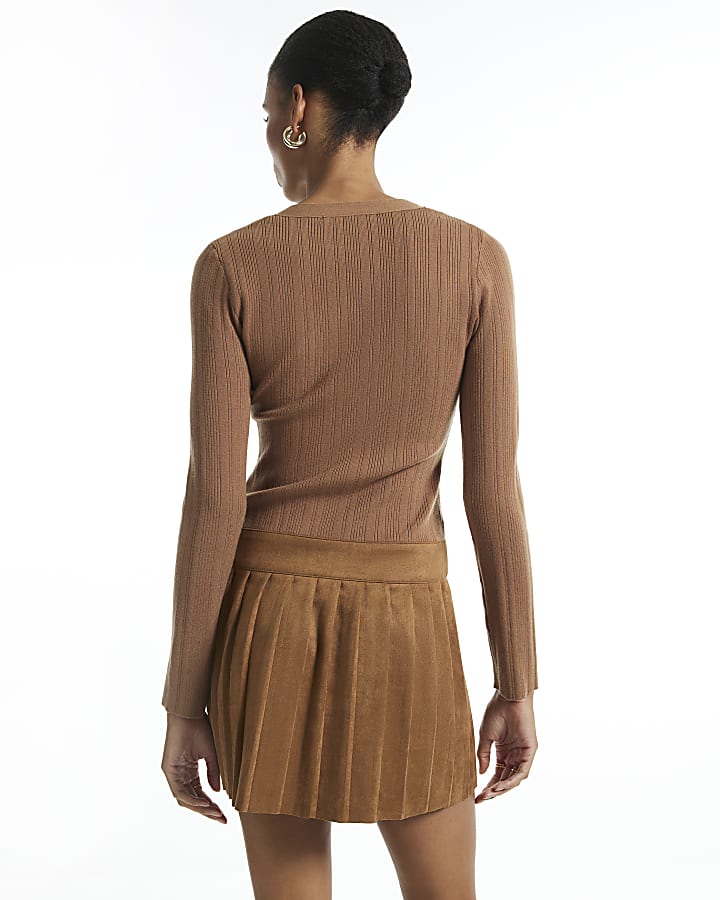 Brown Faux Suede Knitted Mini Skater Dress