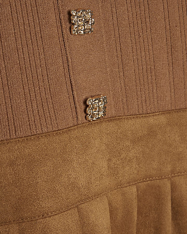 Brown Faux Suede Knitted Mini Skater Dress
