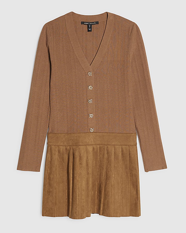 Brown Faux Suede Knitted Mini Skater Dress