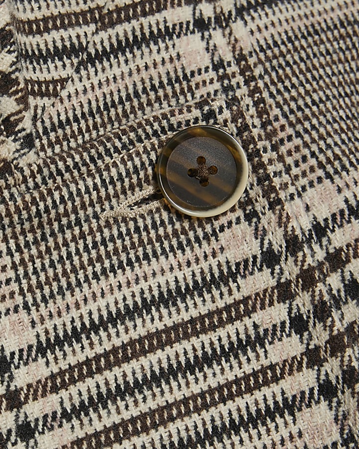 Beige Check Funnel Neck Cocoon Sleeve Jacket