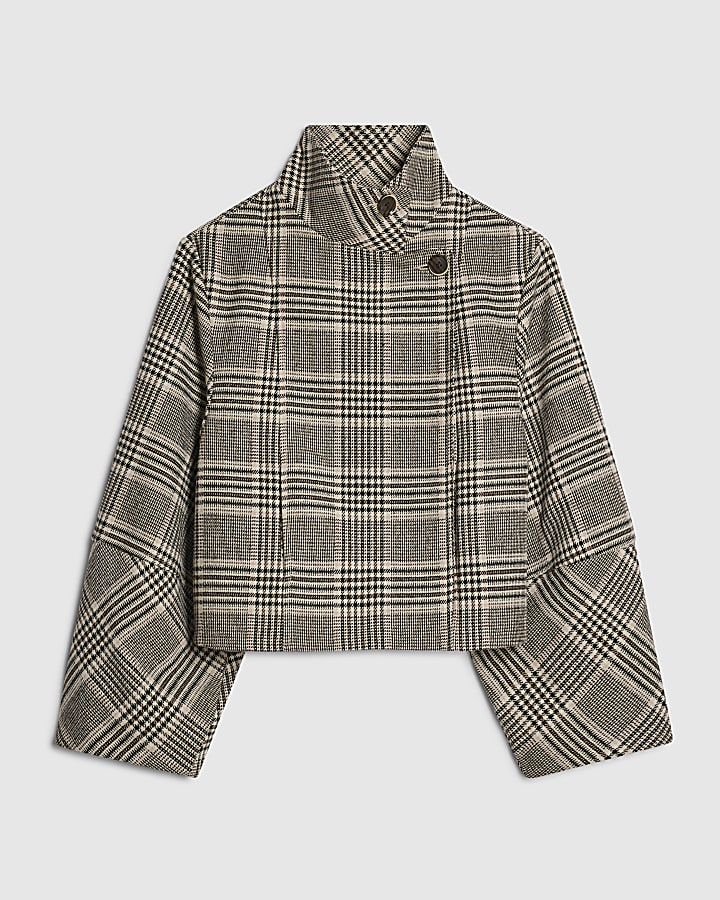 Beige Check Funnel Neck Cocoon Sleeve Jacket