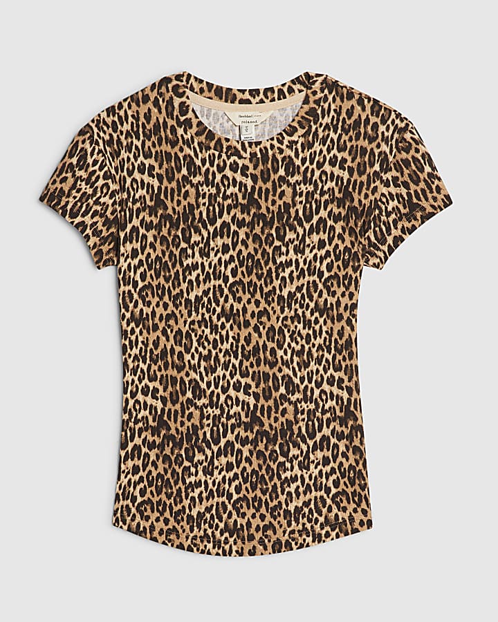 Brown Cotton Blend Cap Sleeve Leopard T-Shirt