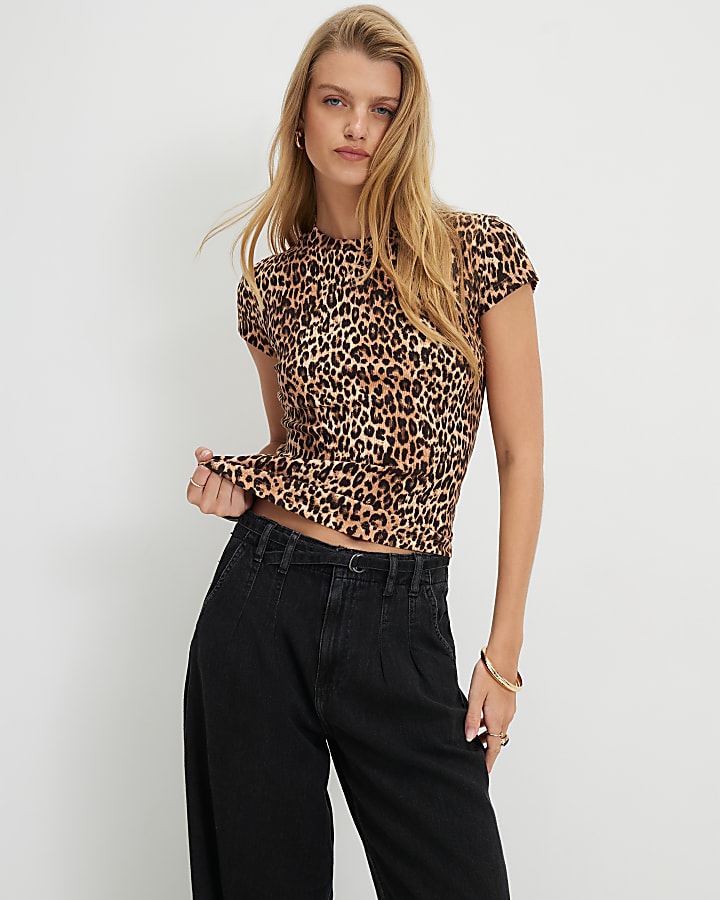 Brown Cotton Blend Cap Sleeve Leopard T-Shirt