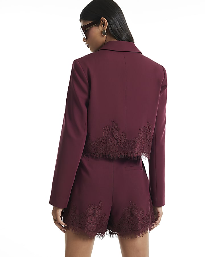 Burgundy Lace Trim Crop Blazer