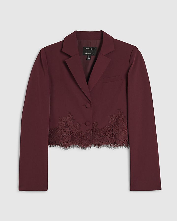 Burgundy Lace Trim Crop Blazer