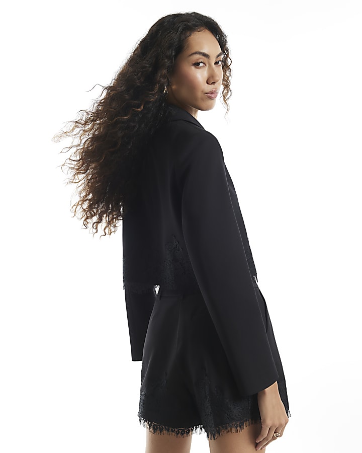 Black Lace Trim Crop Blazer