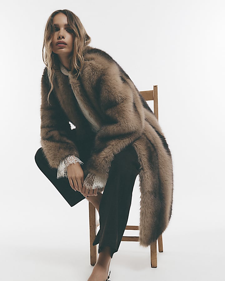 Brown Faux Fur Stripe Long Coat