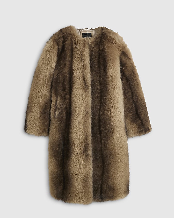 Brown Faux Fur Stripe Long Coat